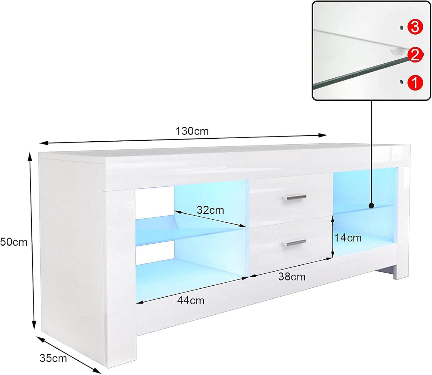 Dripex TV Lowboard, TV Sideboard with LED Lighting & Drawers, High Gloss TV Storage Unit, 130 x 50 x 35 cm, White
