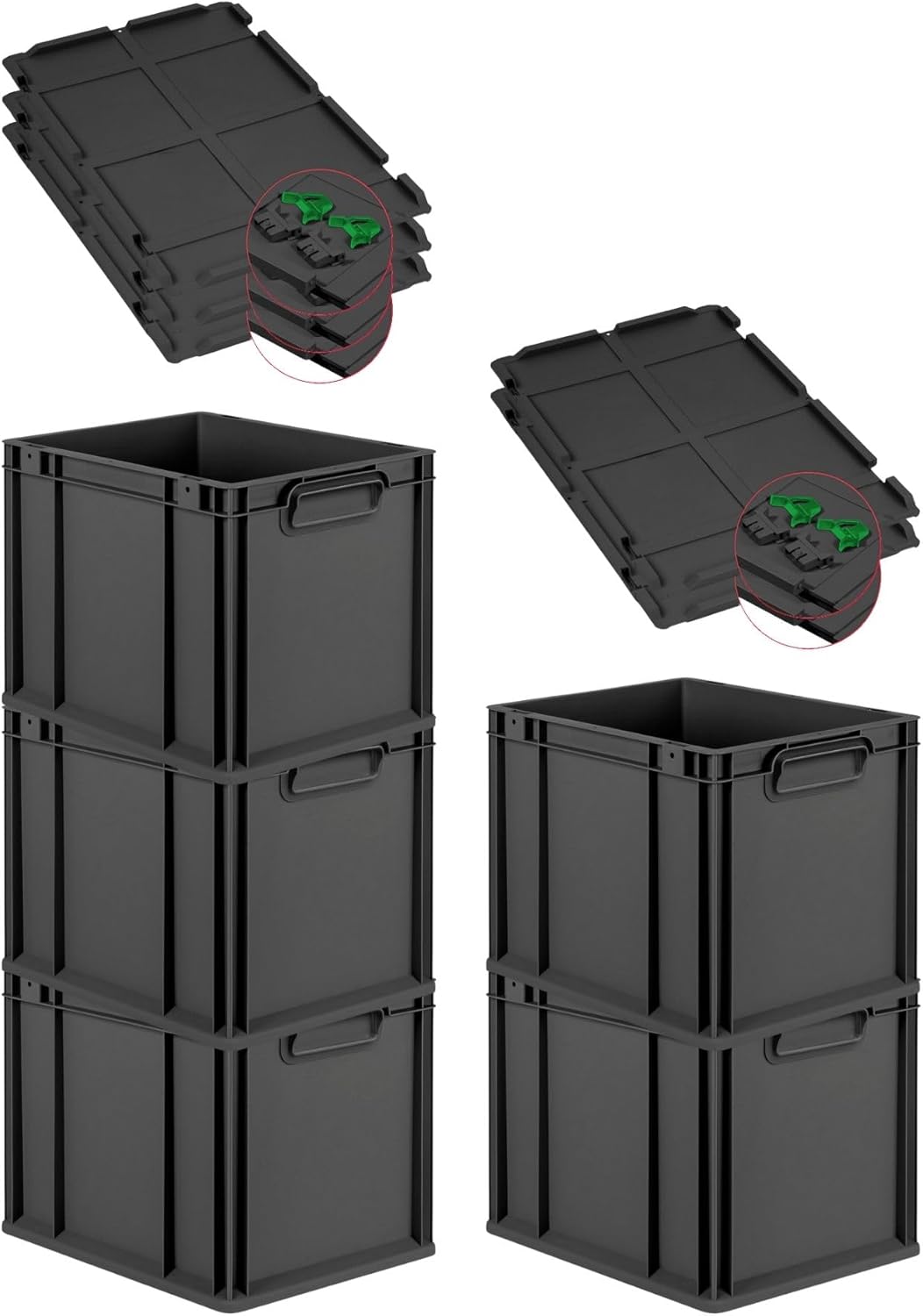 PROREGAL SuperSparSet 3 x Eurobox NextGen Grip with Lid and Yellow Clasps, H x W x D 32 x 40 x 60 cm, 65 Litres, Open Handles, Reinforced Base, Euro Container, Transport Box