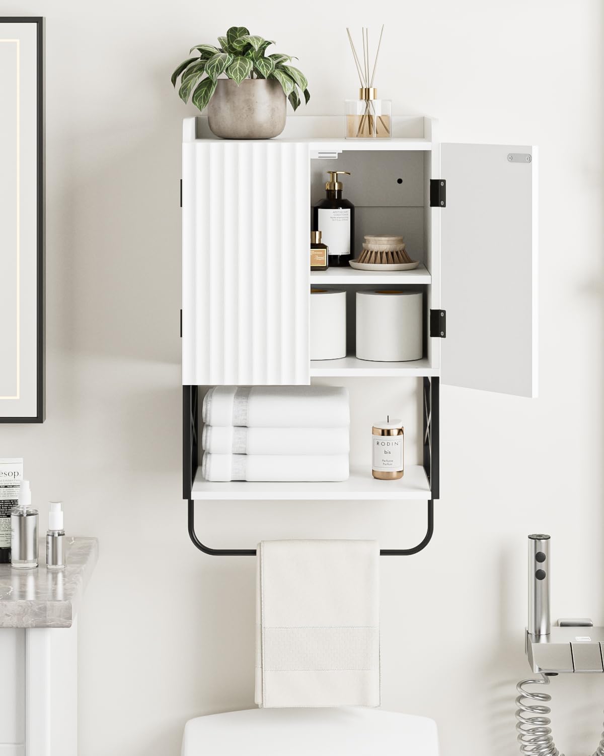 Bathroom Cabinet, Small Medicine Cabinets with Adjustable Shelf and Magnetic Locking Doors, Wall Mounted Hanging Cabinet for Bathroom/Laundry, White