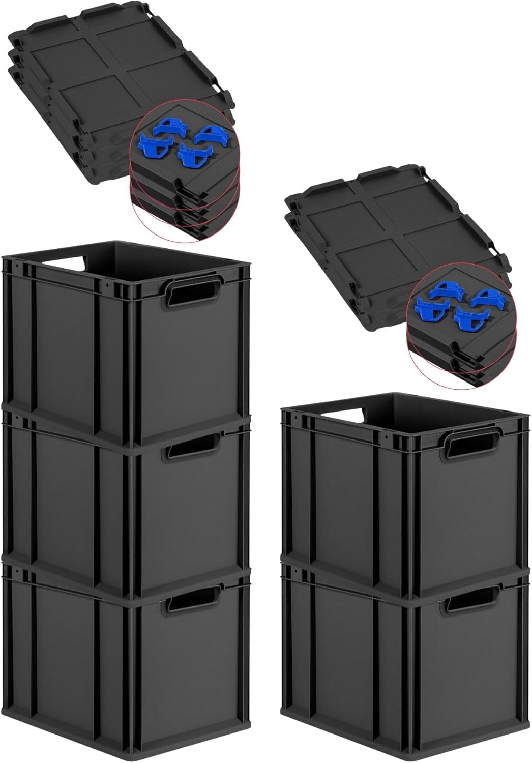 PROREGAL SuperSparSet 3 x Eurobox NextGen Grip with Lid and Yellow Clasps, H x W x D 32 x 40 x 60 cm, 65 Litres, Open Handles, Reinforced Base, Euro Container, Transport Box