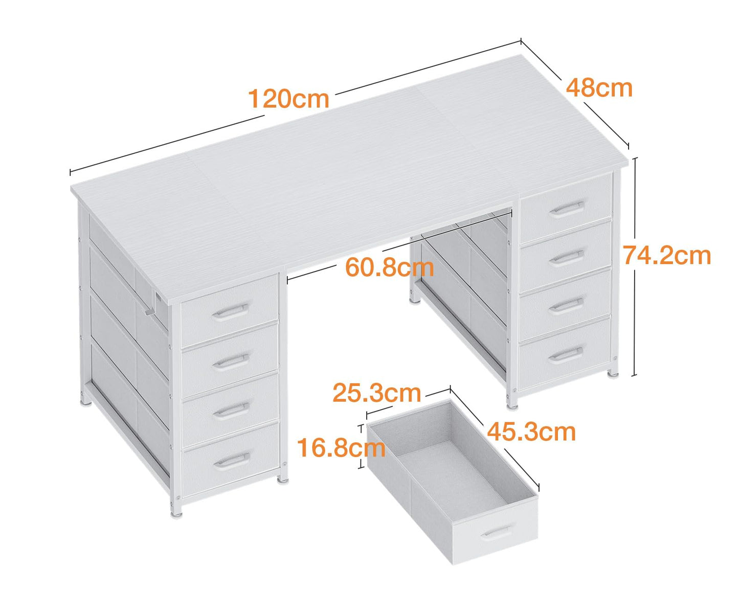 Coleshome Desk with 8 Fabric Drawers, 120 x 48 cm, Desk with Storage Space, Computer Desk with Headphones, Office Table, PC Table, Office Table for Office, Living Room, Home Office, Brown