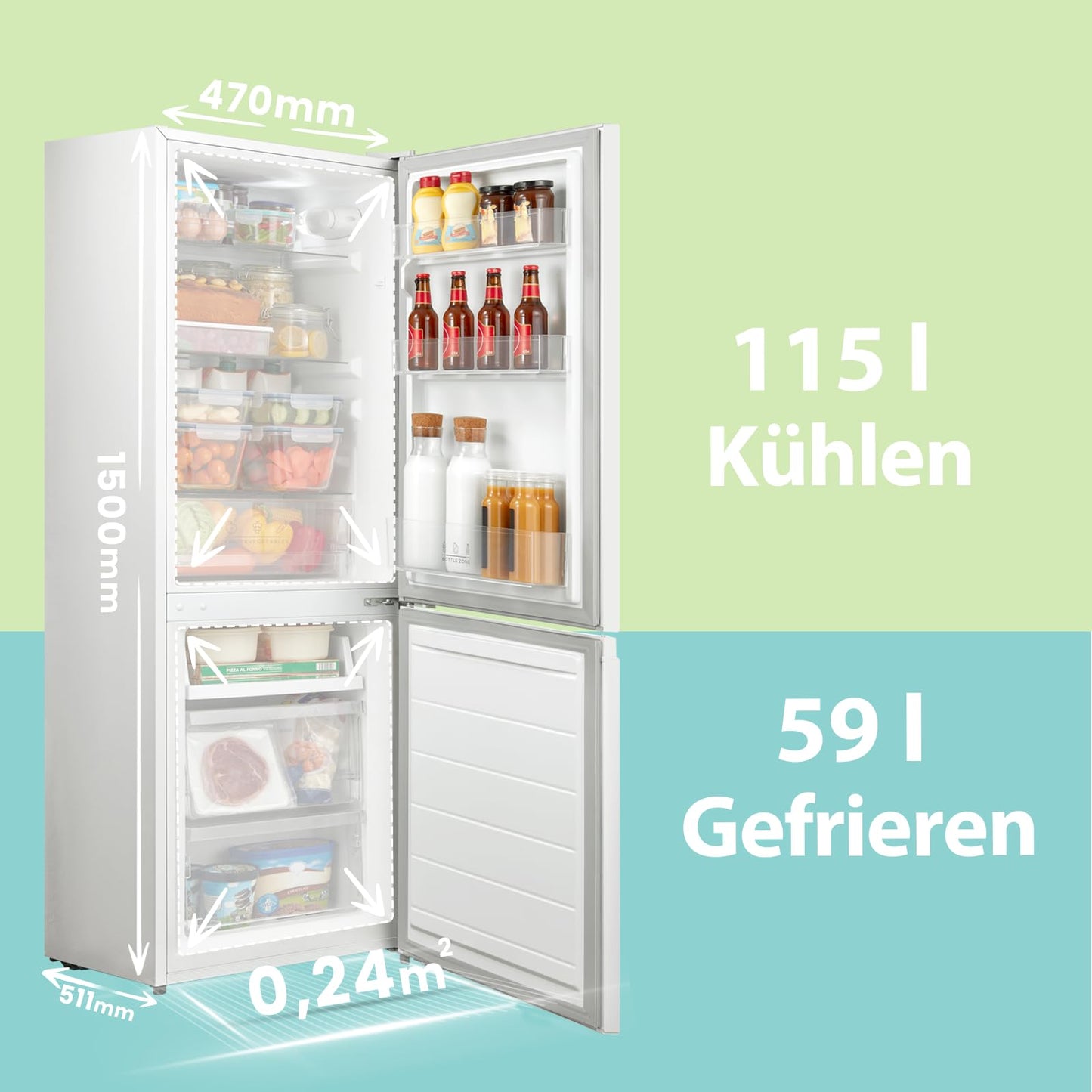 Comfee RCB169DK3 Combination Fridge-Freezer, 150 cm Height, Low Frost, 174 L, Quiet, 38dB, Adjustable Temperature, LED Light, 156 kWh/Year, Black