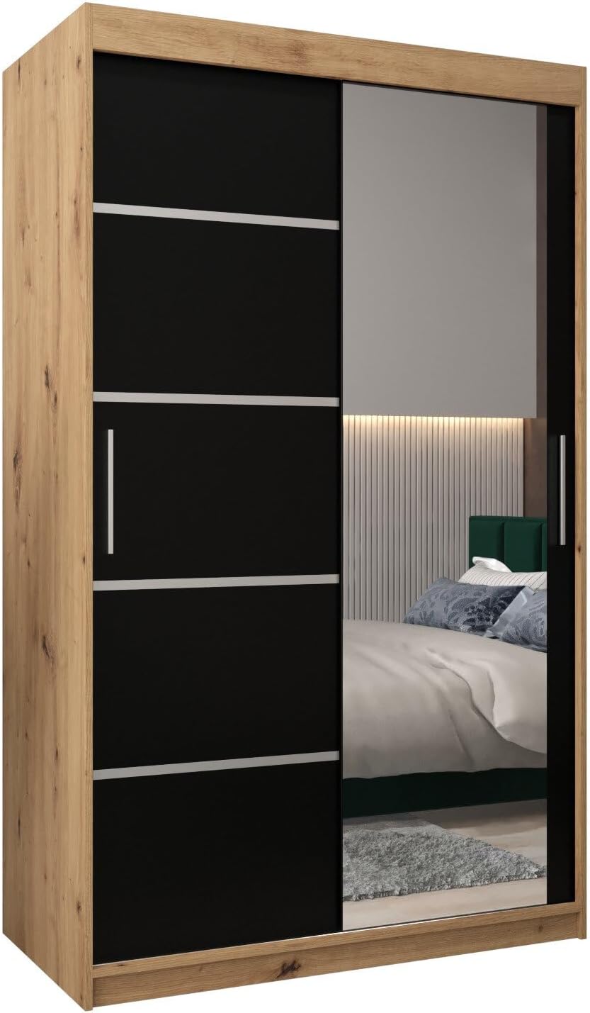 MEBLE KRYSPOL Verona 2, 250 cm Bedroom Wardrobe with Three Sliding Doors, Mirror, Clothes Rail and Shelves, 250 x 200 x 62 cm, Matt Black