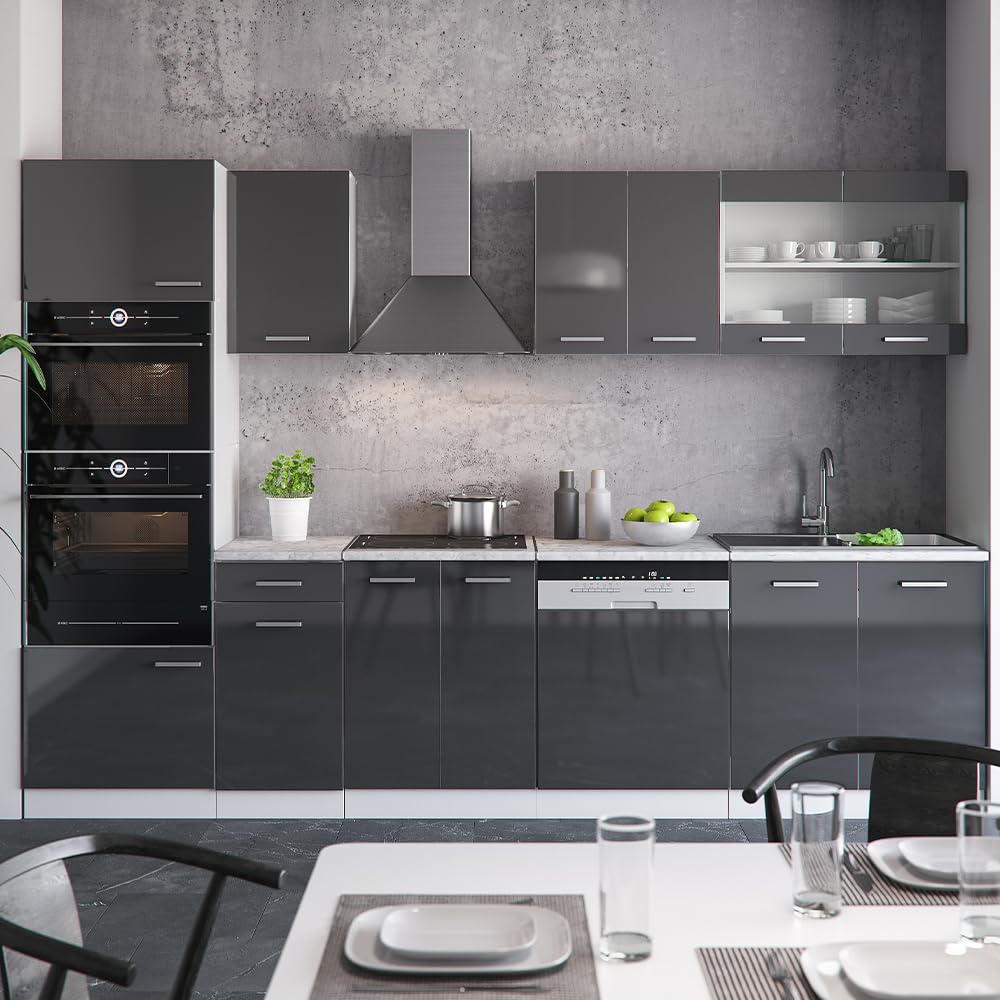 Vicco R-Line Kitchen Unit, High-Gloss Anthracite/White, 300 cm with Tall Cabinet, without Worktop