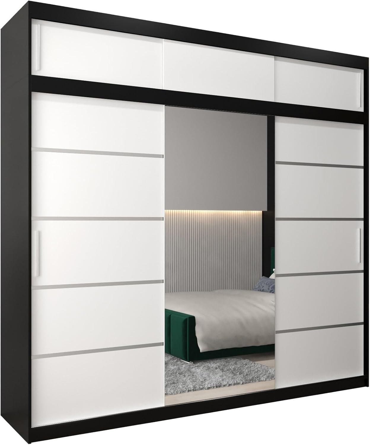 MEBLE KRYSPOL Verona 2, 250 cm Bedroom Wardrobe with Three Sliding Doors, Mirror, Clothes Rail and Shelves, 250 x 200 x 62 cm, Matt Black