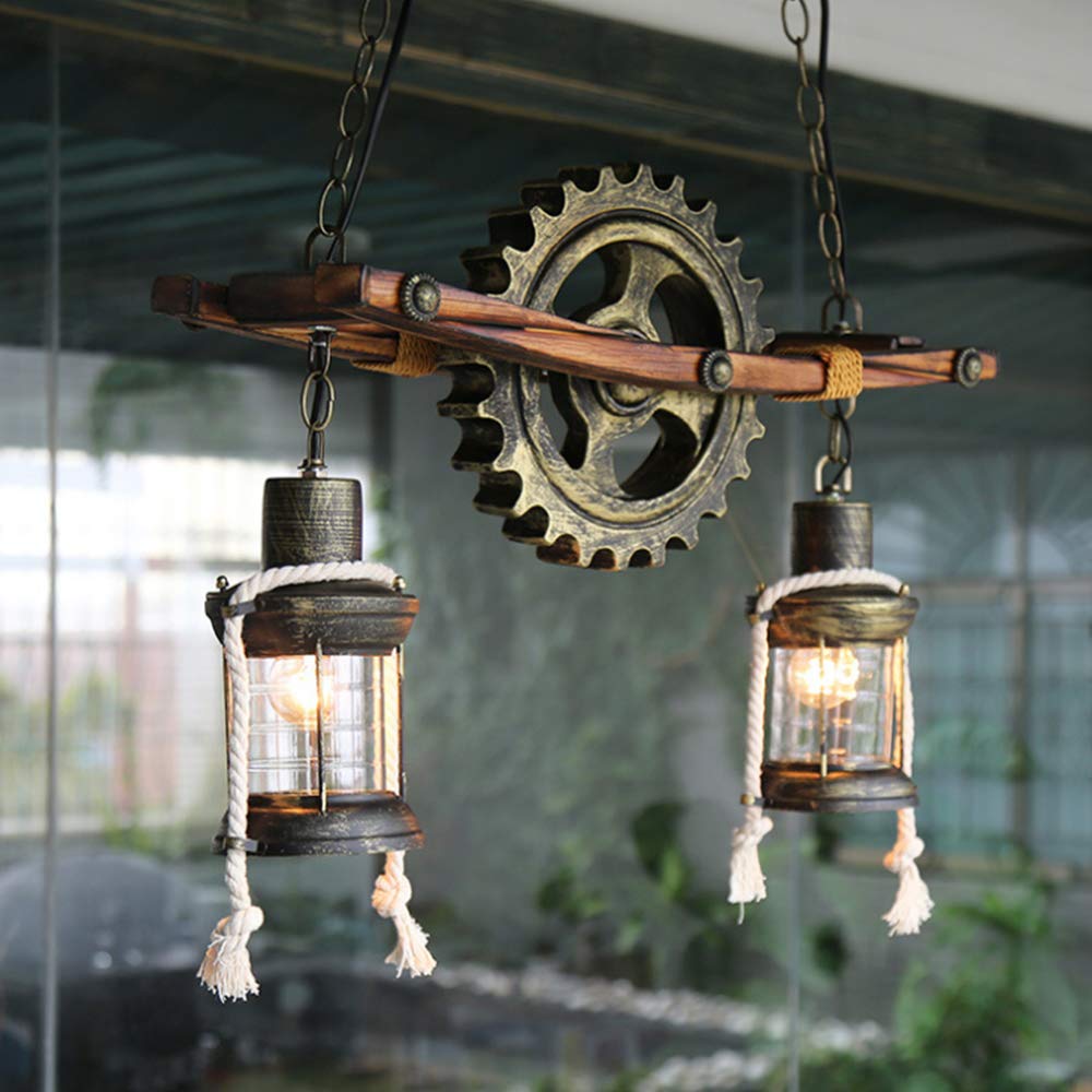 E27 Industrieller Retro Pendelleuchte Massivem Holz Esstisch Lamp Antike Getriebeleuchten Wohnzimmer Kronleuchter Höhenverstellbare Schlafzimmer Hängelampe Bar Dekoration Deckenleuchten (3 Flamme)