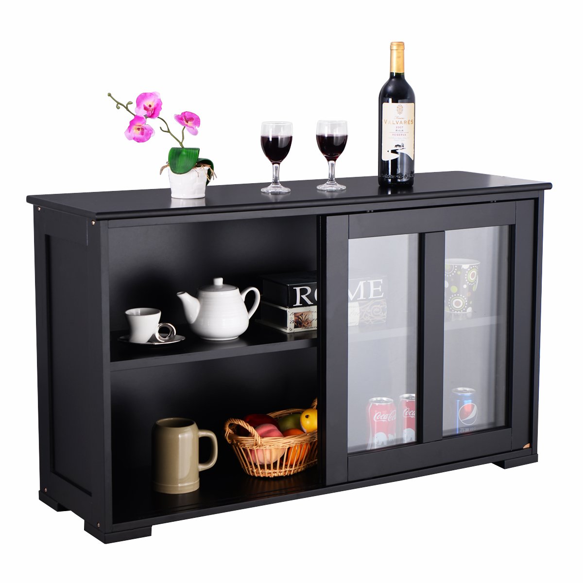 RELAX4LIFE Sideboard with 2 Sliding Glass Doors, Sideboard for Living Room, Hallway, Office and Kitchen, Hallway Cabinet with Height-Adjustable Shelf, Wooden Kitchen Cabinet (Cream)