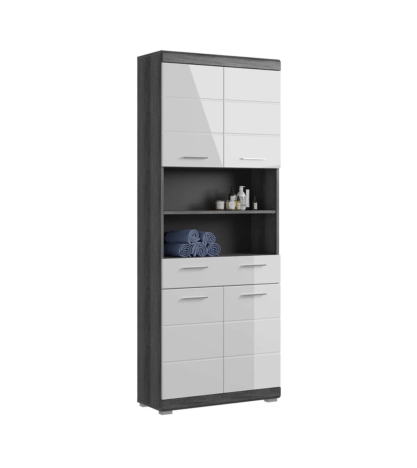 Badezimmer Scout X06B2723 Wall-Mounted Cupboard Wide Cabinet in Front White High Gloss Body Smoke Silver Nb. Approx. 74 x 79 x 24 cm