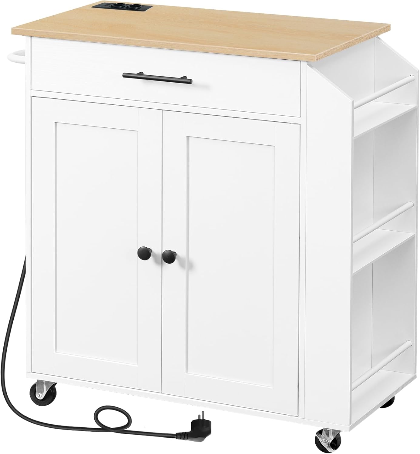 HOOBRO EWN82CZD01 Kitchen Trolley with Worktop, Kitchen Island with Power Strip, Movable Kitchen Island with Drawer and Spice Rack, Kitchen Trolley on Wheels, 80.8 x 38 x 86 cm