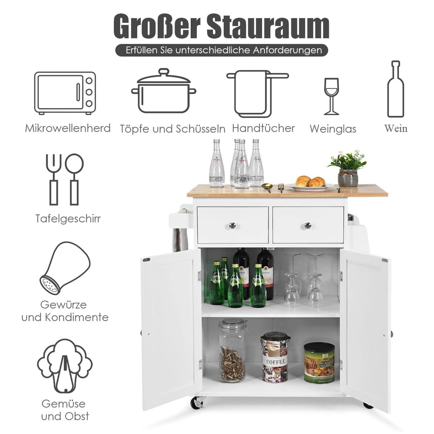 GOPLUS Kitchen Island with Wheels, Serving Trolley with 2 Drawers, 3-Tier Spice Rack, Towel Holder Cabinet, Rubber Wood Worktop & Lockable Wheels for Dining Room, Kitchens (Black)