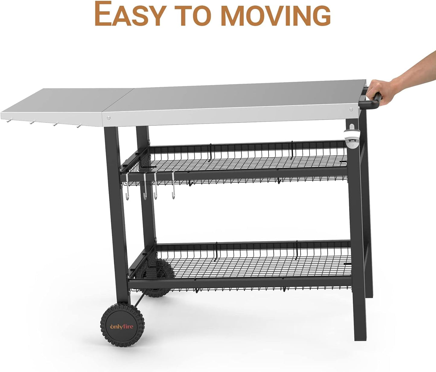 Onlyfire Barbecue Trolley, Stainless Steel Grill Table with Large Work Surface and Side Table, Grill Side Table, Outdoor Grill Table, Outdoor Serving Trolley, Outdoor Garden Trolley for Outdoor,