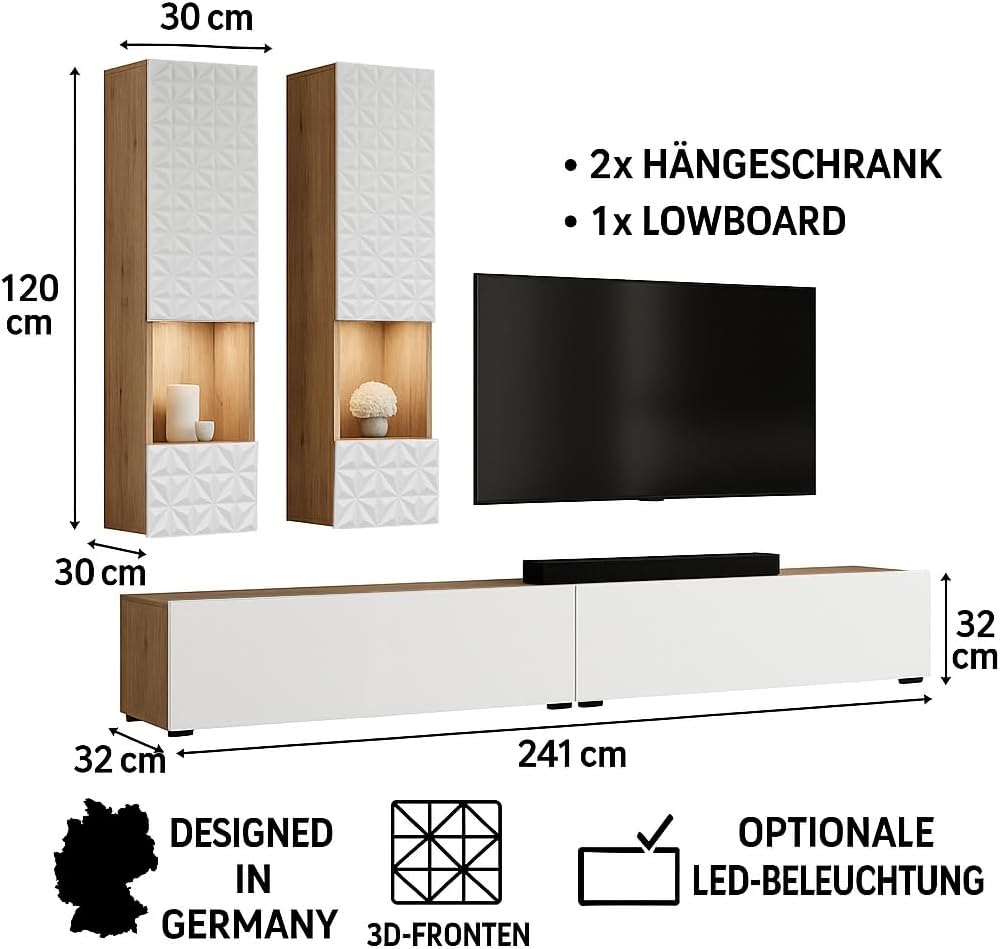 trendteam smart living - Rezzo - Living Wall - Oak / White Matt - Living Room Furniture with Soft-Close Function - (W x H x D) 241 x 200 x 30 cm - TV Base Can be Mounted Standing or Hanging