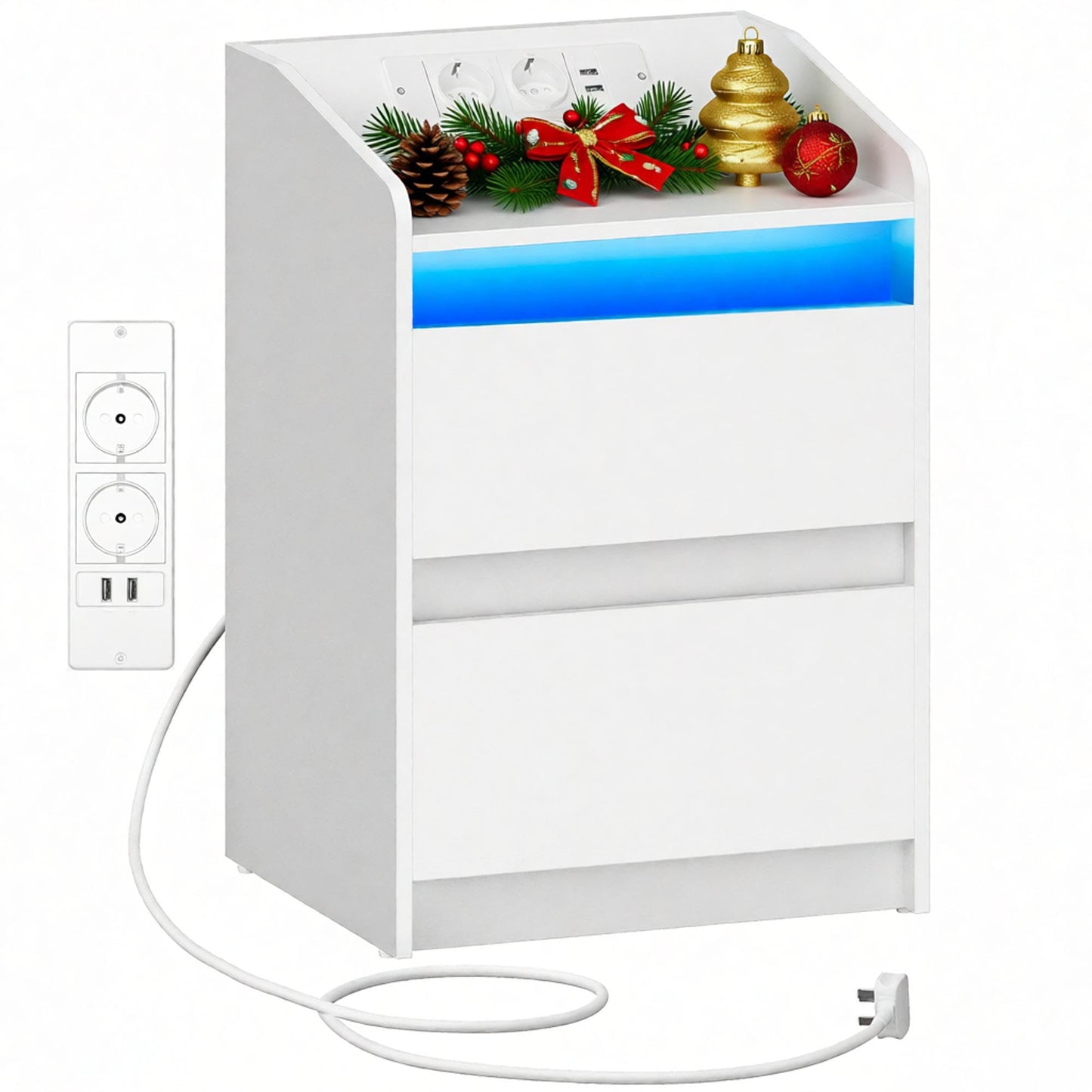 Hzuaneri Bedside Tables Set of 2 LED Lights, Charging Station and 2 Drawers, Side Table with USB Ports & Sockets, Stylish and Versatile, for Living Room and Bedroom, Black NS30104X