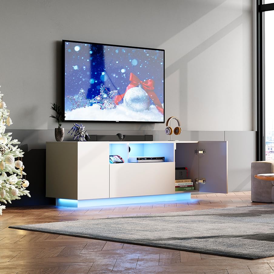 WLIVE TV Cabinet Black Lowboard High Gloss with 20 Colours LED Lighting, TV Board with Cabinets and 2 Open Surfaces, TV Table with Folding Door, 122 x 36 x 45 cm, Black