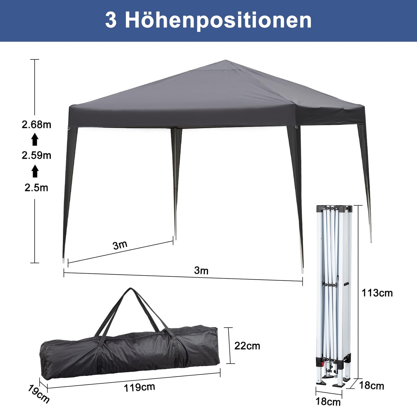 LEADZM Gazebo 3 x 3 m, Folding Gazebo, Waterproof, UV Protection 50+, Height Adjustable with 4 Mosquito Nets, Sturdy, Ideal for Garden, Patio, Camping and Commercial Use