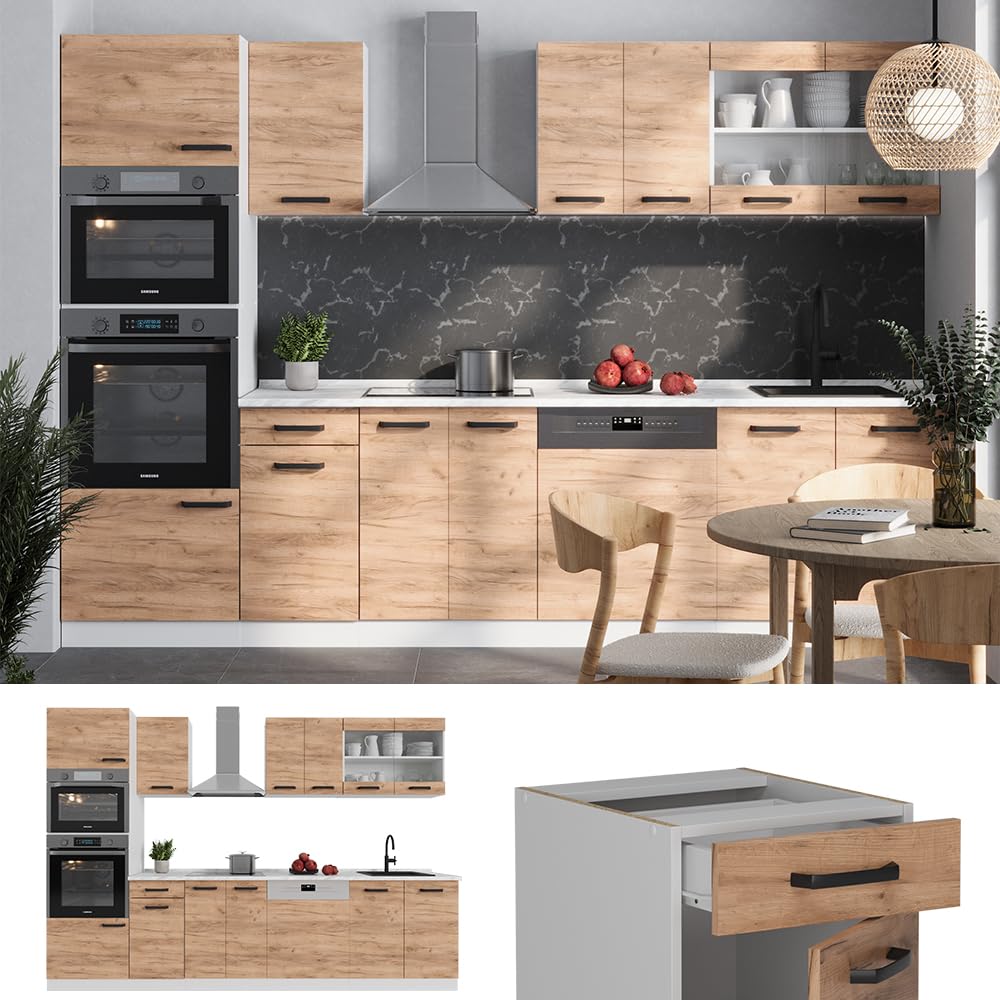 Vicco R-Line Kitchen Unit, High-Gloss Anthracite/White, 300 cm with Tall Cabinet, without Worktop