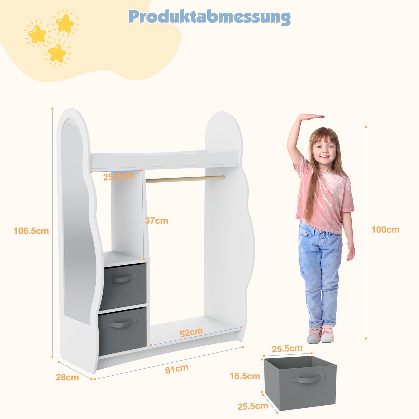 Children's Clothes Rack with Mirror, Clothes Rail with Shelves, Children's Wardrobe Wood, Children's Shelf for Children's Room, 81 x 28 x 106.5 cm (Clouds with 2 Drawers, White)