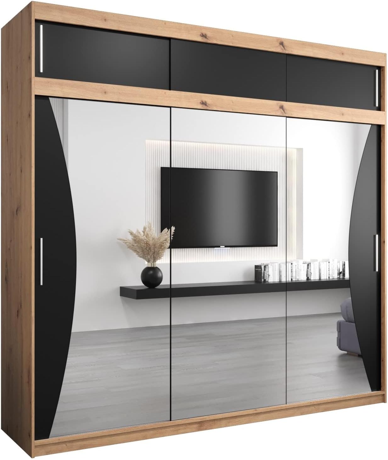 MEBLE KRYSPOL Kleiderschrank mit Spiegel Monaco - Garderobenschrank - Schrank Schlafzimmer - Mehrzweckschrank DREI Schiebetüren - Regalen - Flur Möbel - Kleiderstange Schrank - Allzweckschrank