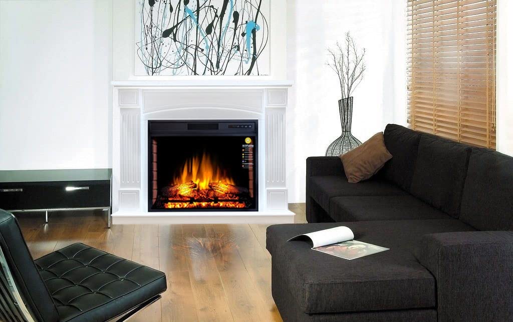 Boston AF28S LED CONYAK Electric Standing Fireplace with Heater, 12 Heat Settings, Timer, Real Flame Effect, 3 Brightness Levels, Remote Control, Brown