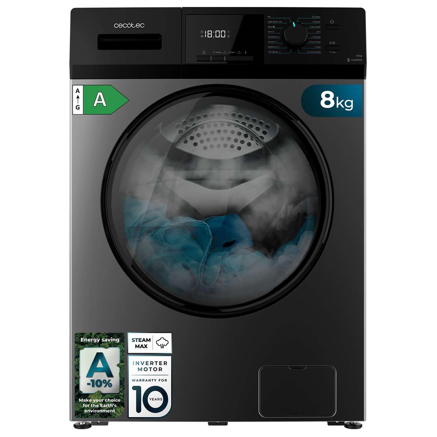 Cecotec Waschmaschine 7 kg Frontlader Bolero Dresscode 7410 Inverter A. 1850W, 1200 U/min einstellbar, 16 Programme, Inverter Plus Motor, Niedriger Verbrauch, Dampf, Kleidung sterilisieren