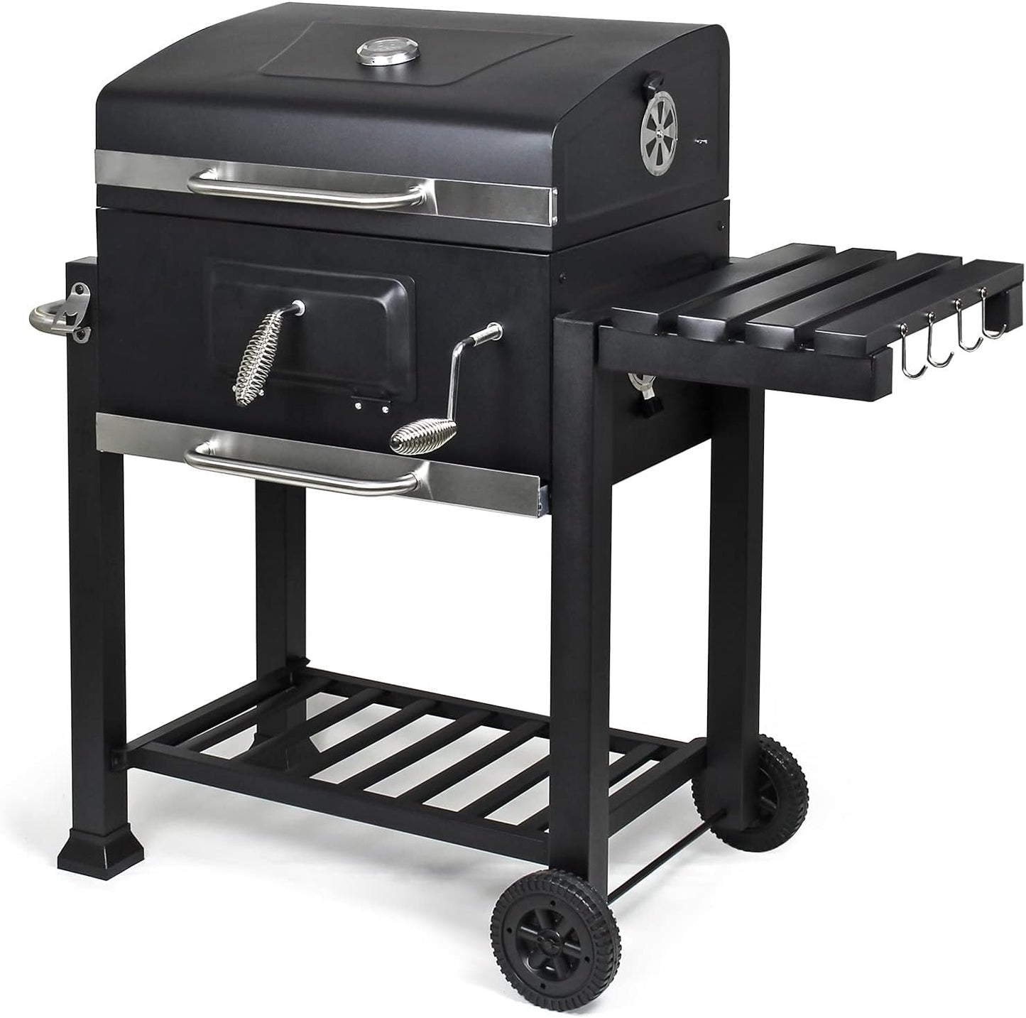 BBQ Charcoal Grill Trolley with Lid, Shelf and Fire Flap, Height Adjustment for Coal, Thermometer