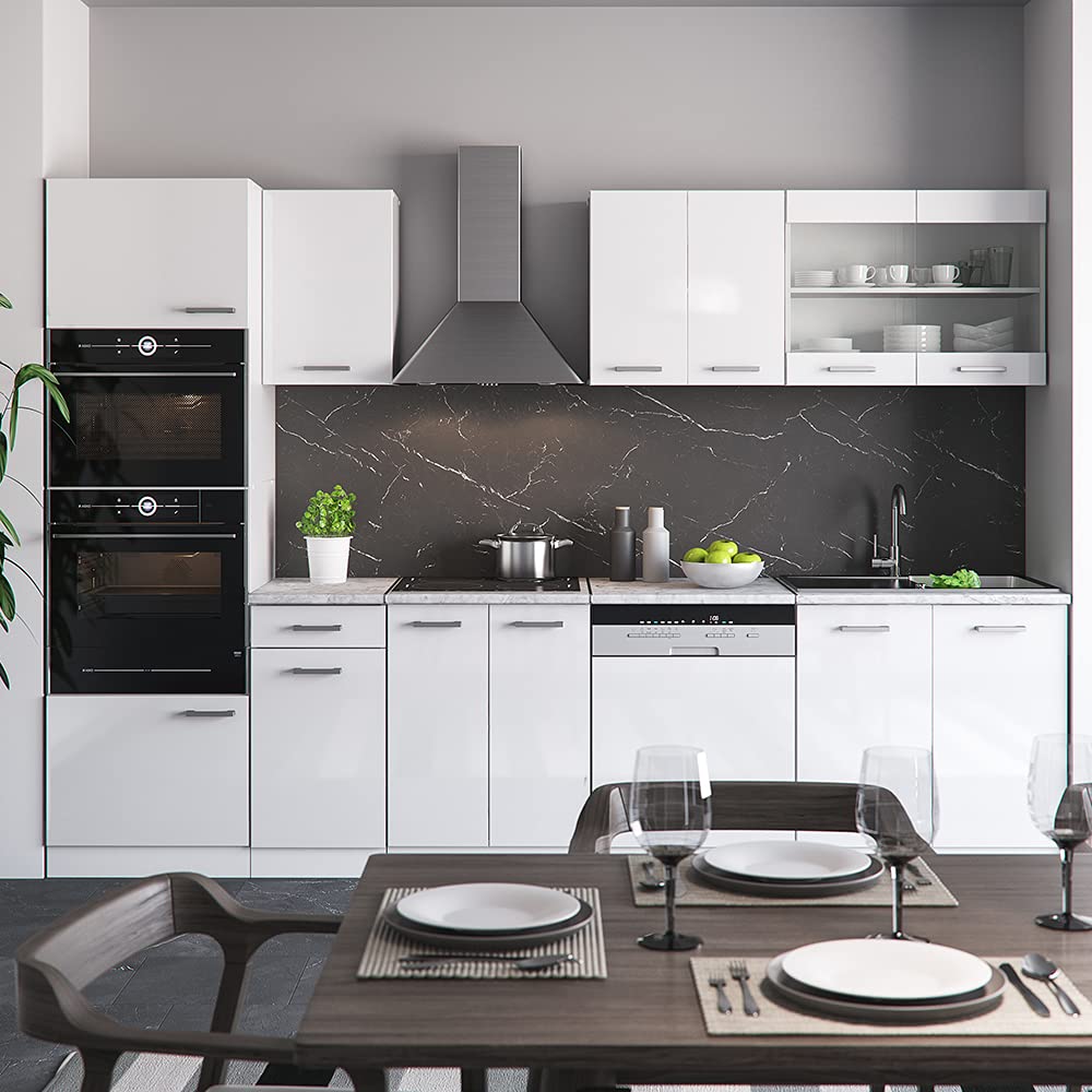 Vicco R-Line Kitchen Unit, High-Gloss Anthracite/White, 300 cm with Tall Cabinet, without Worktop
