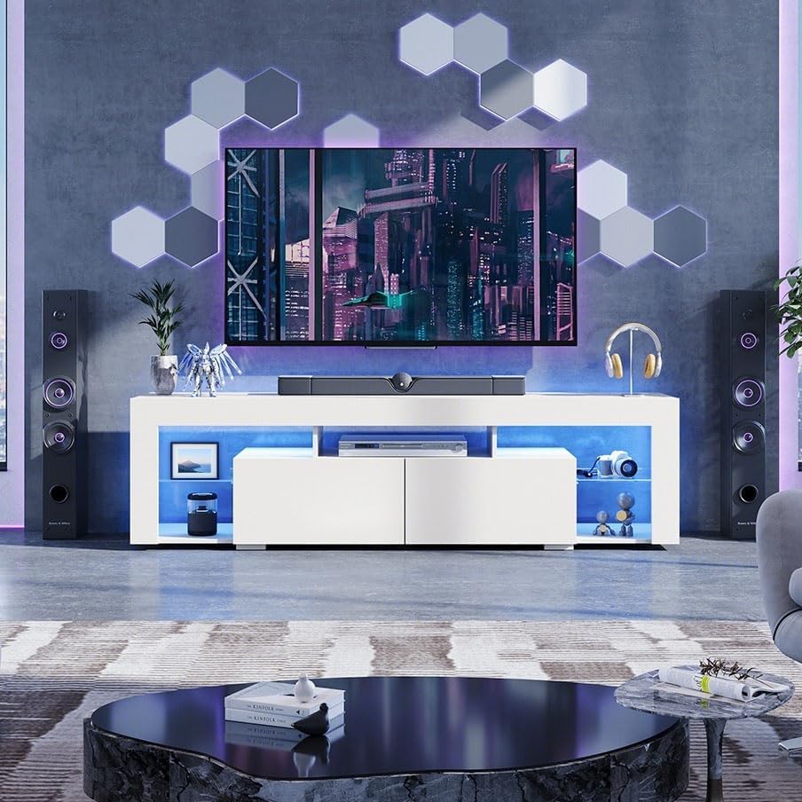 WLIVE 160 cm LED TV Cabinet, TV Cabinet, White TV Stand with LED for 50 55 60 65 70 Inch TV, 20 Colours RGB TV Cabinet for Living Room, Bedroom, Modern Wooden TV Bench with 2 Drawers