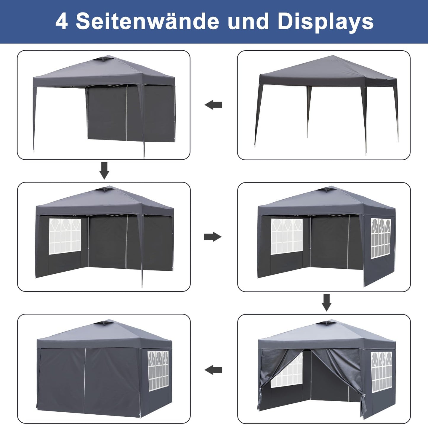 LEADZM Gazebo 3 x 3 m, Folding Gazebo, Waterproof, UV Protection 50+, Height Adjustable with 4 Mosquito Nets, Sturdy, Ideal for Garden, Patio, Camping and Commercial Use