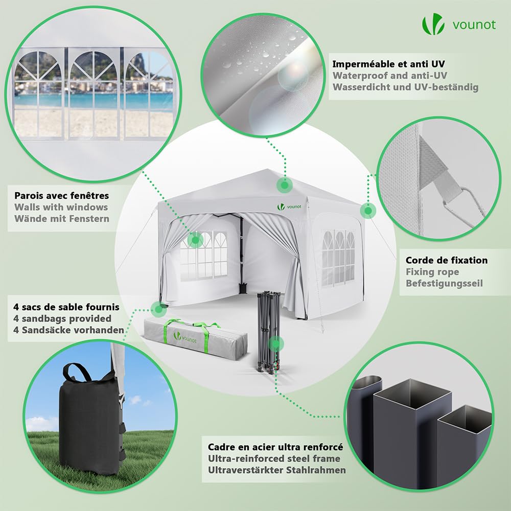 VOUNOT® Gazebo 3 x 3 m with 4 Side Panels and 4 Sand Bags, Pop Up Folding Gazebo, Waterproof, Foldable Garden Tent, Party Tent, Includes Bag, Grey