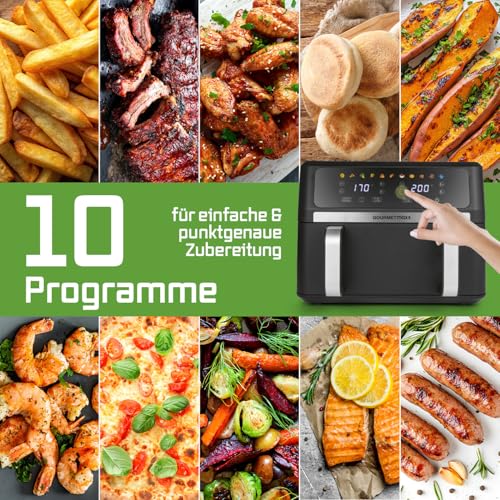 GOURMETmaxx Digitale Heißluftfritteuse 12 L, XXL-Edelstahl-Ofen | Airfryer + Timer, Touchdisplay, Drehspieß | fettarm, energiesparend frittieren | 10 Programme inkl. Pizza | 1800 W