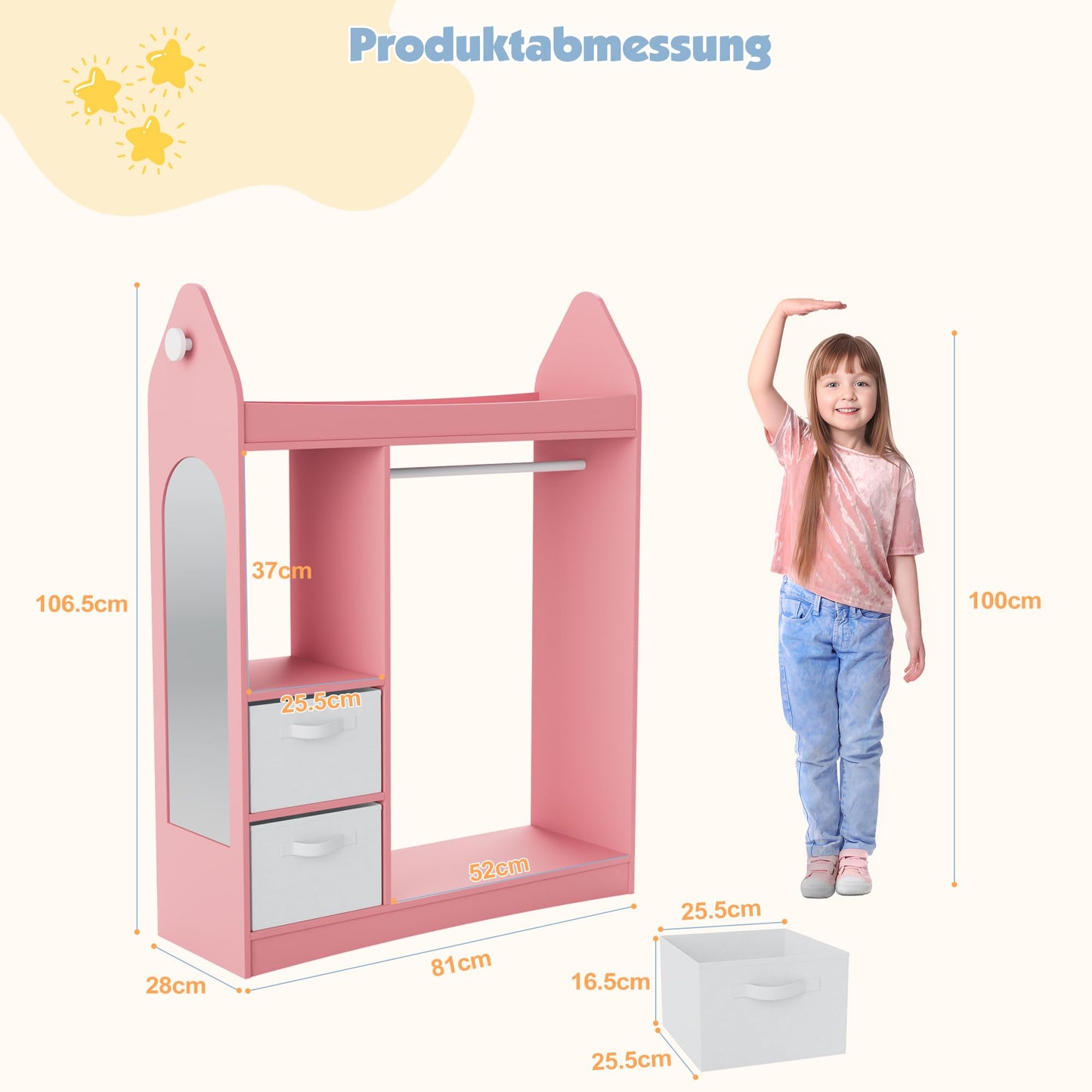 Children's Clothes Rack with Mirror, Clothes Rail with Shelves, Children's Wardrobe Wood, Children's Shelf for Children's Room, 81 x 28 x 106.5 cm (Clouds with 2 Drawers, White)