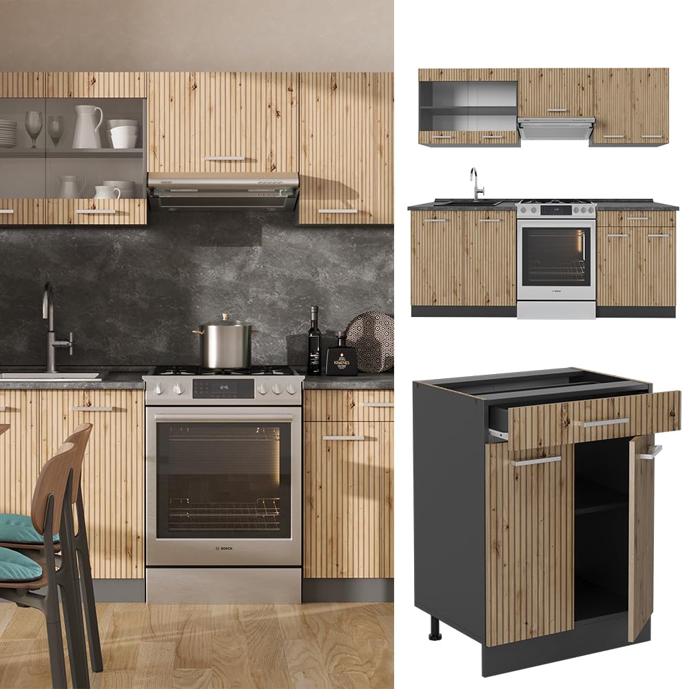 Vicco R-Line Kitchen Unit, White Country House / Anthracite, 200 cm without Worktop