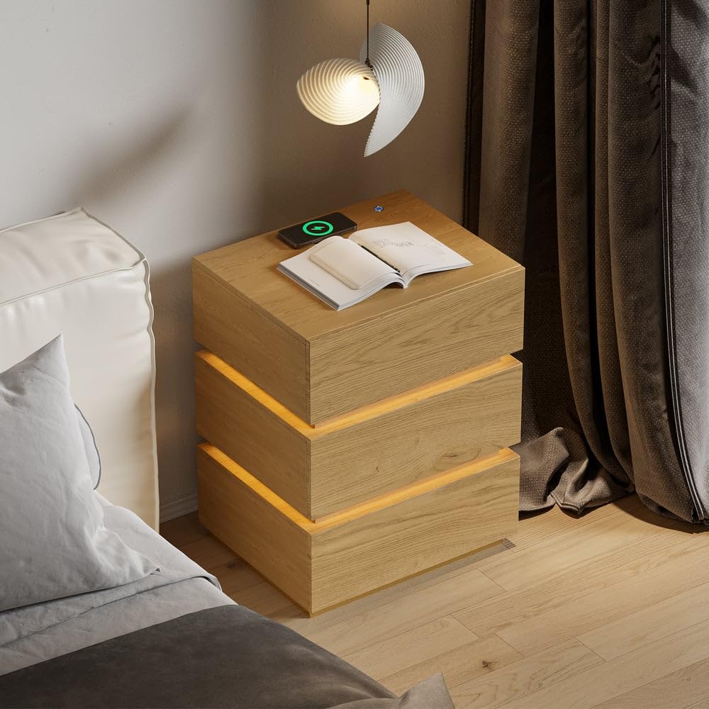 Homary LED Smart Bedside Table with Wireless Charging Station, Bedside Table with Drawers & USB Ports, Modern Bedside Table with LED Lighting for Bedroom (Led White, 3 Drawers)