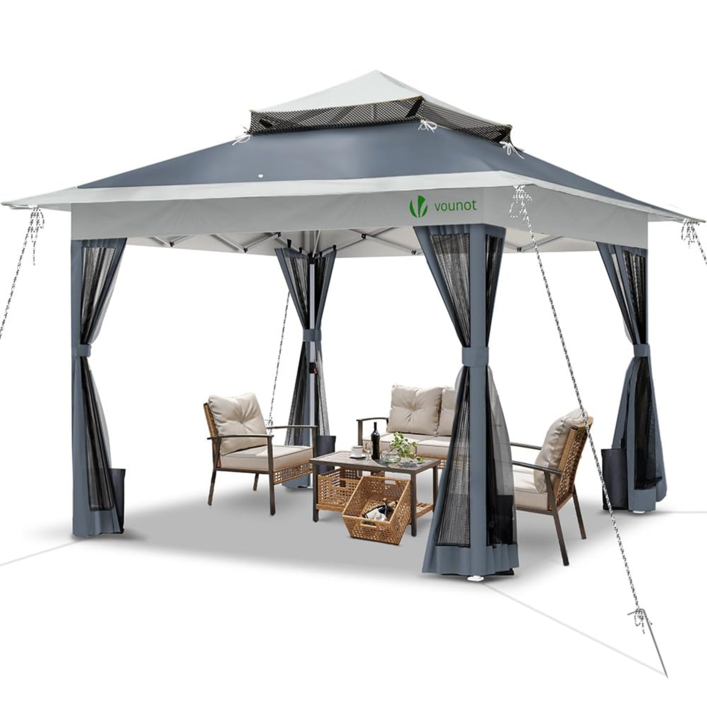 VOUNOT Pavillon Faltbar 3,6x3,6m, Pop Up Partyzelt mit Mesh Sides & Doppeldach, Faltpavillon Stabil mit Bein Gewichte & Roller Bag, Gartenpavillon Gartenzelt Grau
