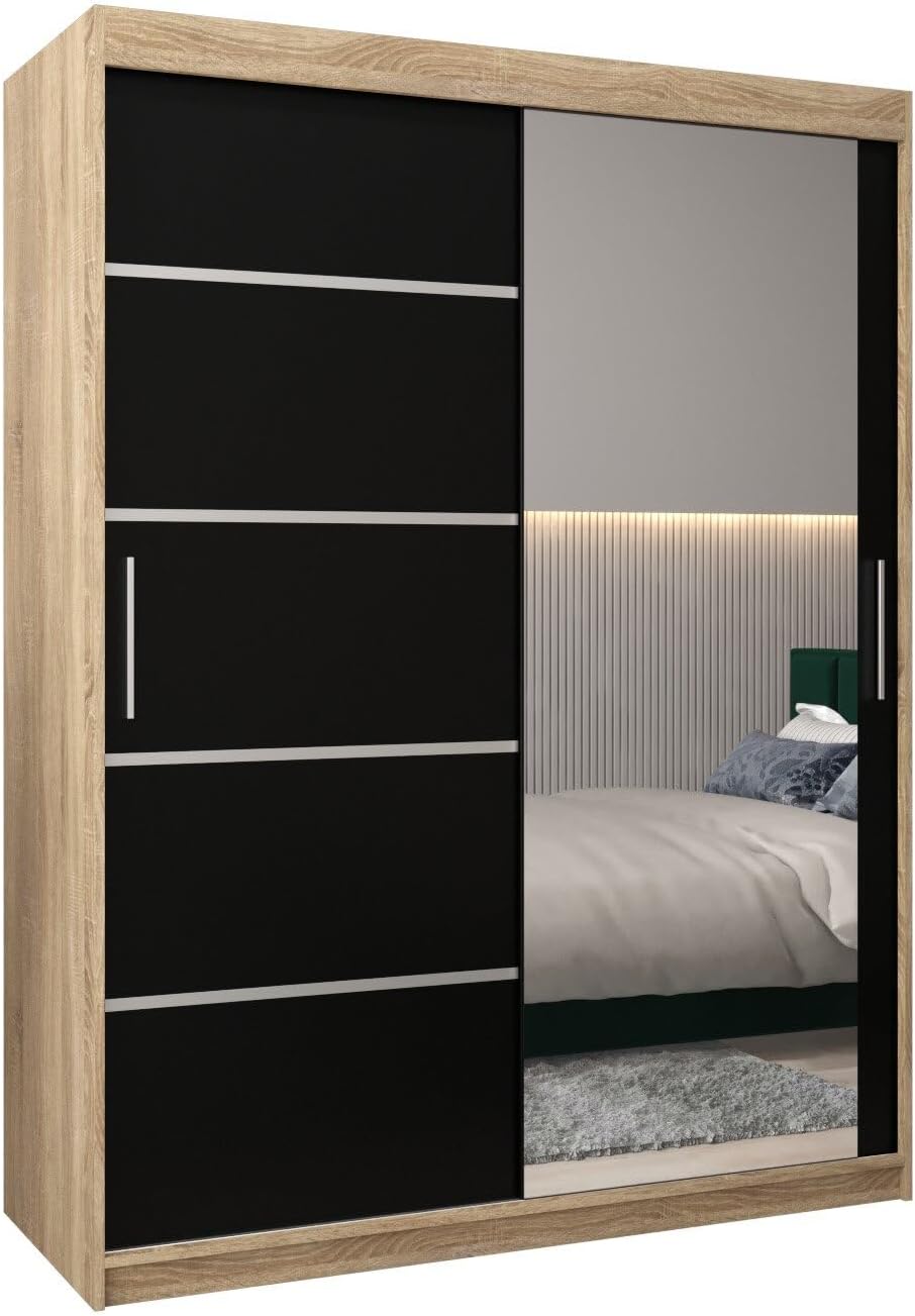 MEBLE KRYSPOL Verona 2, 250 cm Bedroom Wardrobe with Three Sliding Doors, Mirror, Clothes Rail and Shelves, 250 x 200 x 62 cm, Matt Black