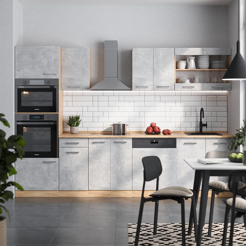 Vicco R-Line Kitchen Unit, High-Gloss Anthracite/Goldkraft Oak, 300 cm with Tall Cabinet, without Worktop