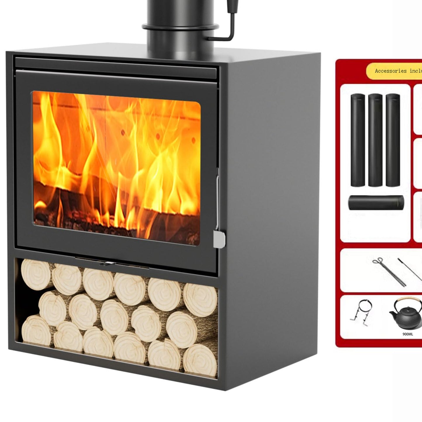 Cast Iron Wood Stove 15 kW, Fireplace Wood Stove, Robust New Wood Stove Living Room Wood Stove Decoration, With Ceramic Glass Window, Heating Stove, Fireplace for Warming Rooms (Size: 85 x 60 x 49 cm)