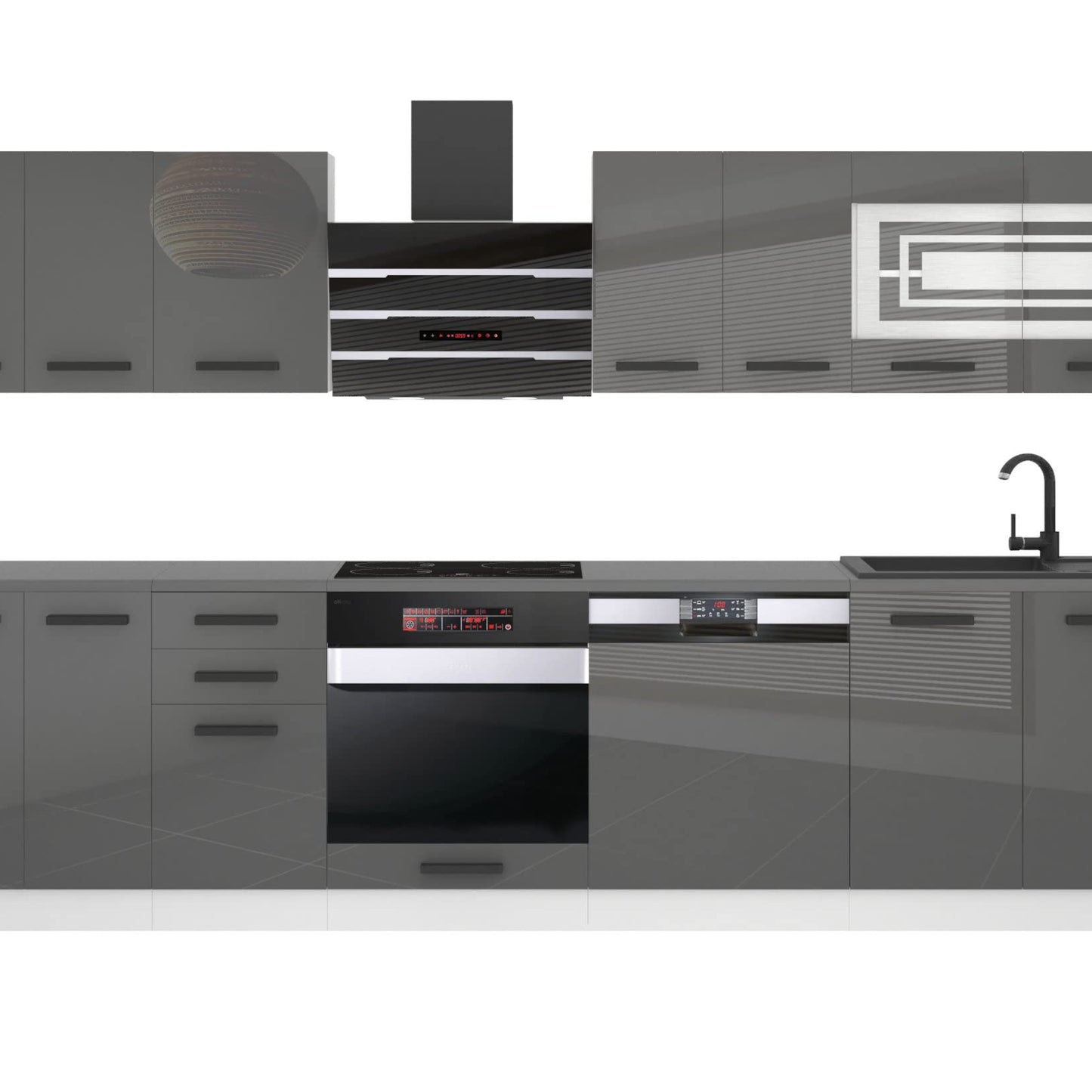 Belini Lucy Kitchen Unit, Kitchen Furniture 300 cm, Kitchen Completely Without Electrical Appliances, with Wall Cabinets and Base Cabinets, Without Worktops, White High Gloss