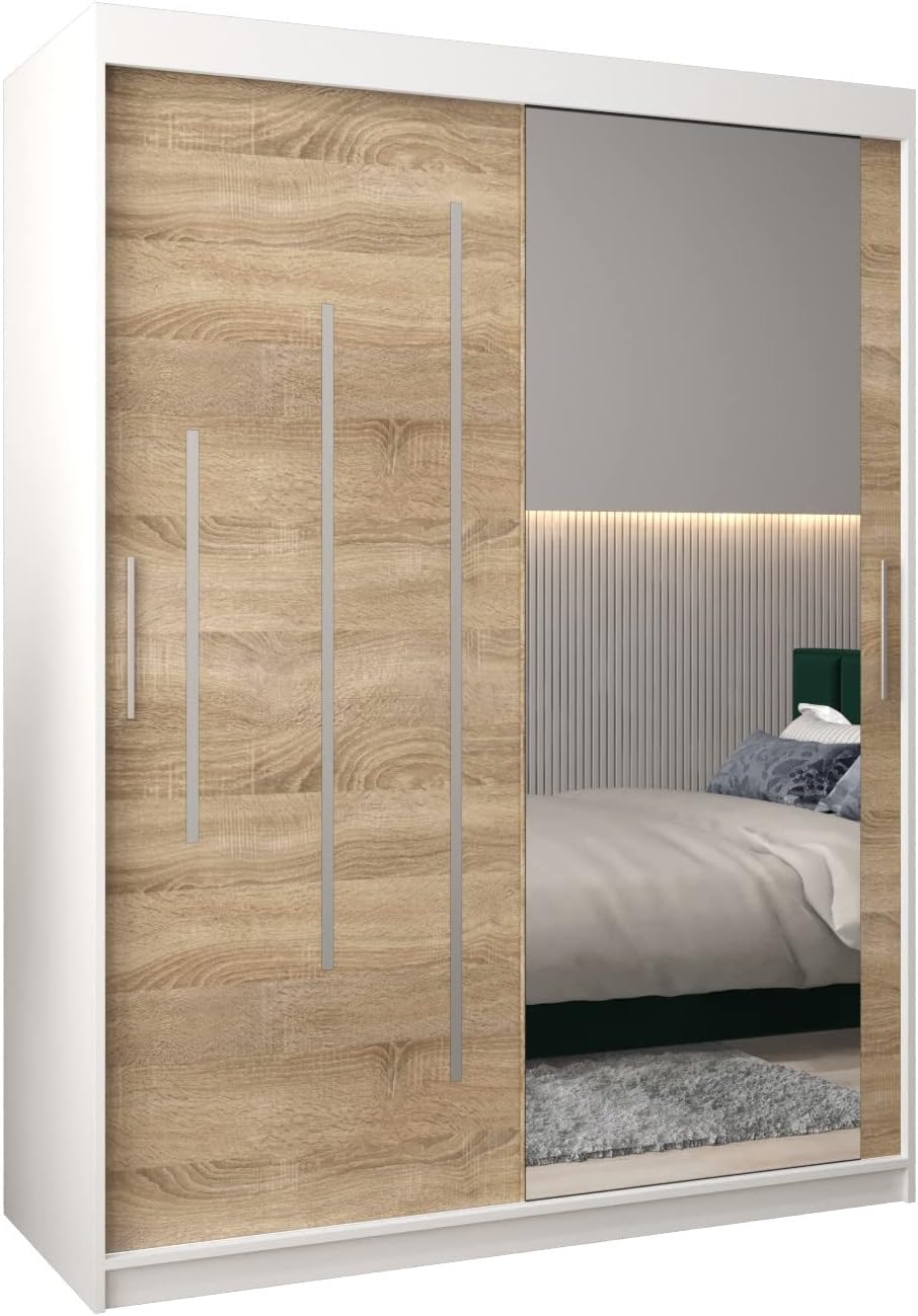 MEBLE KRYSPOL Kleiderschrank mit Spiegel York 2 - Garderobenschrank - Schrank Schlafzimmer - Mehrzweckschrank Zwei Schiebetüren - Regalen - Flur Möbel - Kleiderstange Schrank - Allzweckschrank