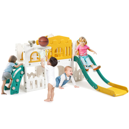 Kinder Rutsche 8 in1 Mit Klettern, Teleskop, Basketballkorb,Tunnel, Bohrspiel und Stauraum, Kleinkinderklettergerüst für Kleinkinder 1–3 Jahren