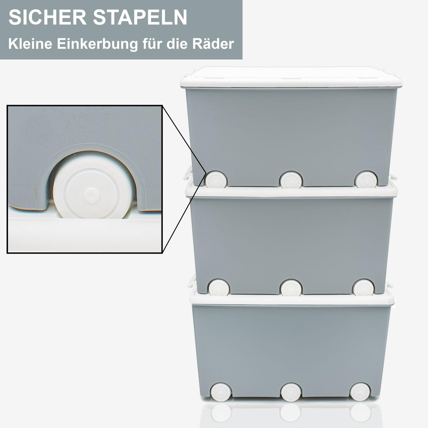 Babykajo 3 Storage Boxes with Lid and Wheels 50 L - Stacking Boxes with Lid Opaque - Plastic Box with Lid for Closing - Boxes Storage with Lid