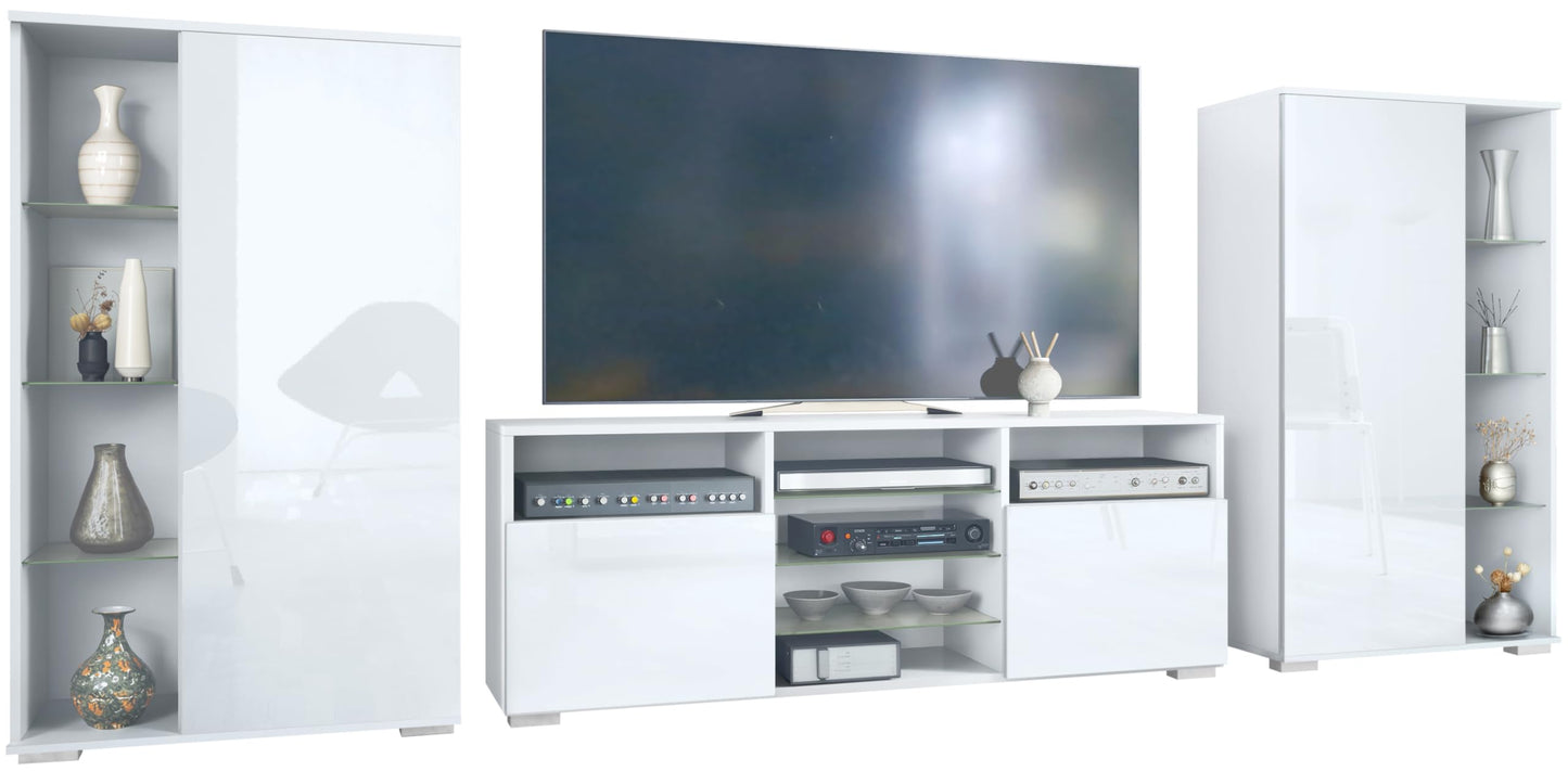 Vladon Davos Wall Unit with 2 Display Cabinets and 1 TV Board, Matte White / High Gloss White (329 x 134 x 35 cm)