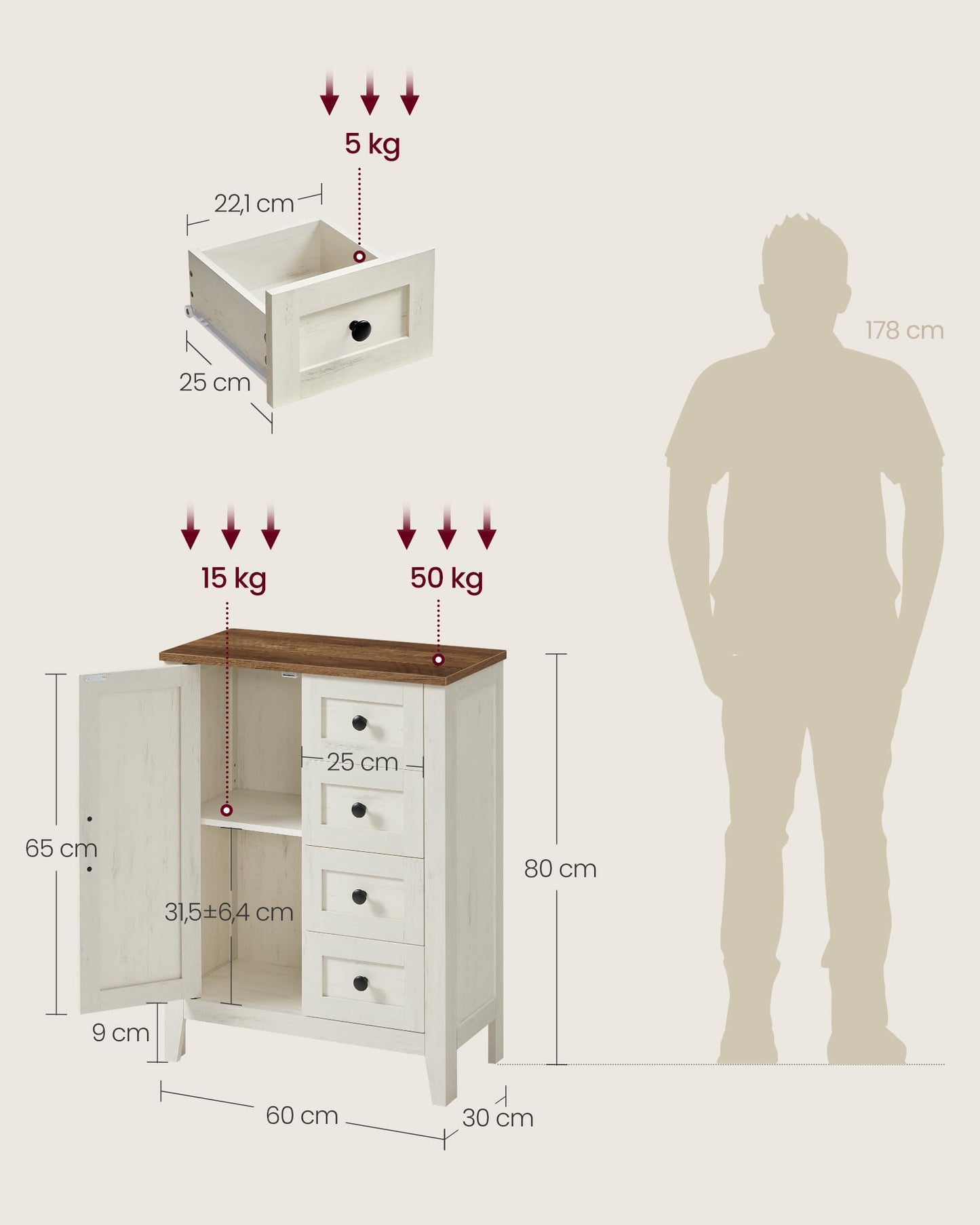 VASAGLE LIRY Kollektion - Aufbewahrungsschrank im Landhausstil, Badschrank mit Türen, freistehende Küchenschrank, verstellbare Ablagen, Esszimmer, Wohnzimmer, vintageweiß BBK773W01