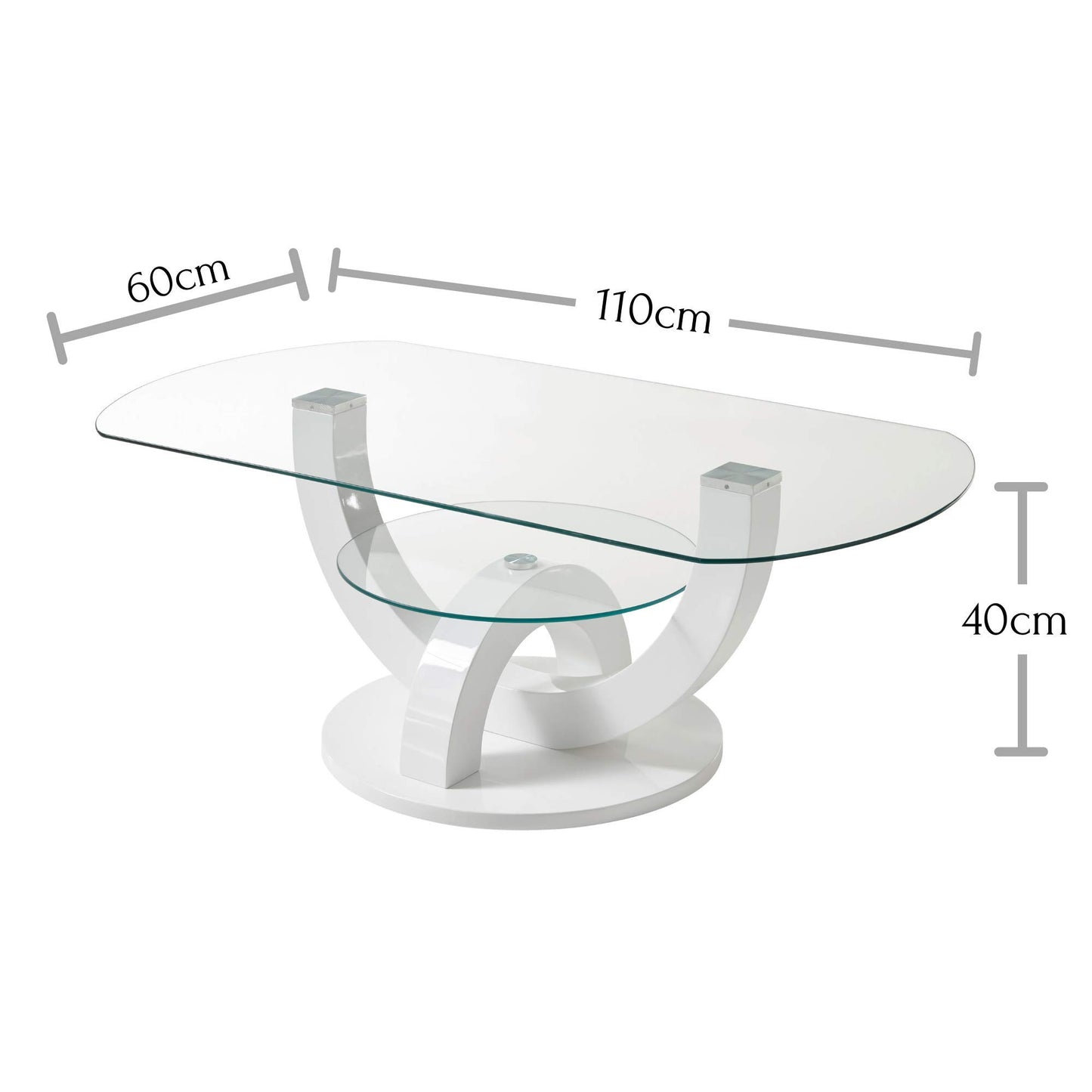 Stella Trading Glass Coffee Table in High Gloss White - Stylish Glass Table with Shelf and Curved Frame in U-Shaped for Your Living Area - 110 x 40 x 60 cm (W x H x D)