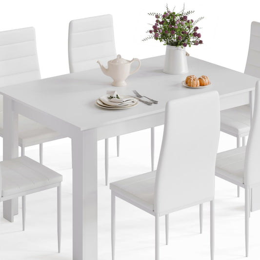 Mondeer Dining Table with 6 Chairs Set, Dining Set with High-Backed Chair, Faux Leather Chair for Kitchen, Dining Room, Living Room, W138 x D90 x H75 cm, White and Grey