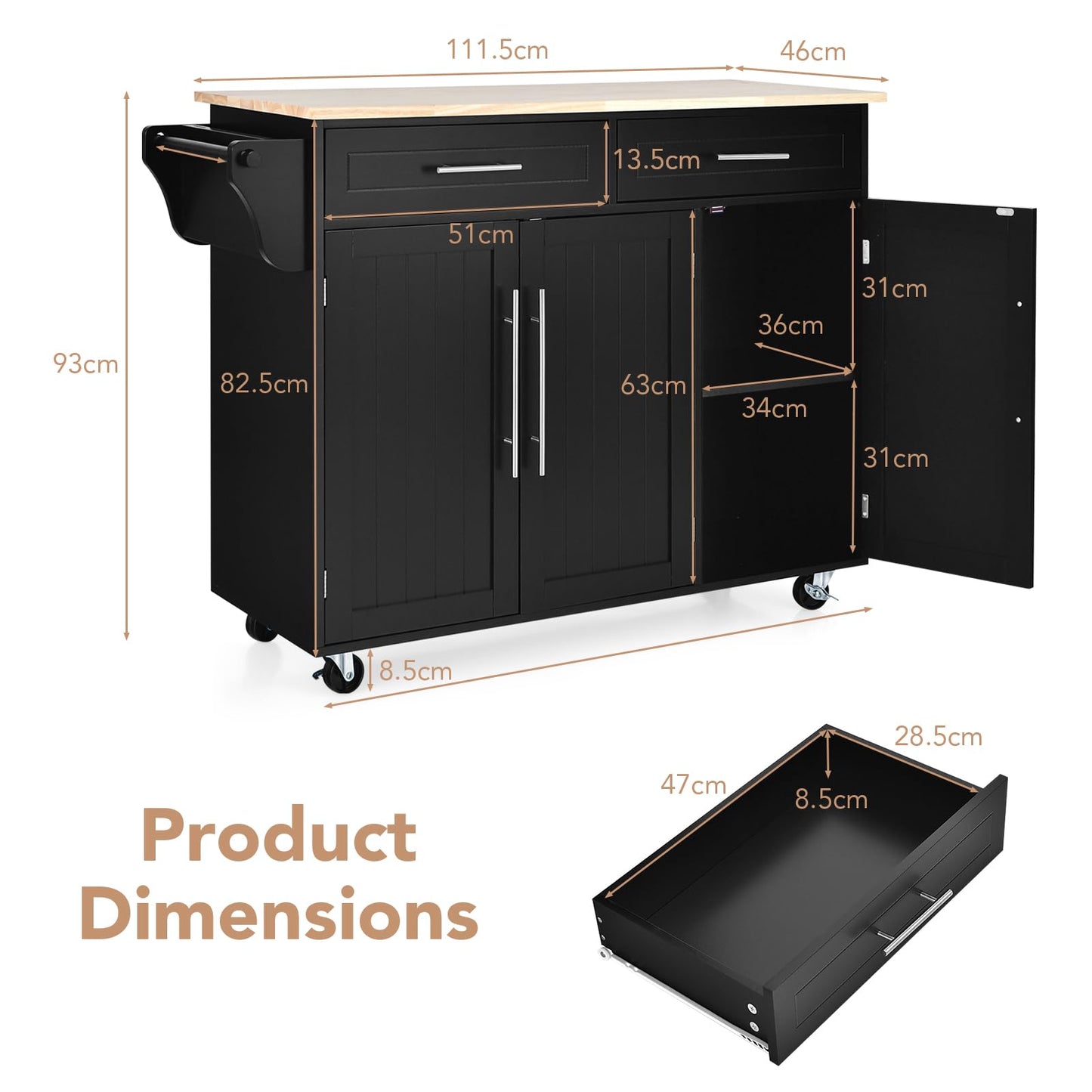 KOMFOTTEU Kitchen Trolley on Wheels, Wooden Serving Trolley with Worktop, Kitchen Island with Drawers, Towel Holder & Adjustable Shelves, Kitchen Cabinet Side Trolley Mobile 122 x 46 x 92 cm (Black)