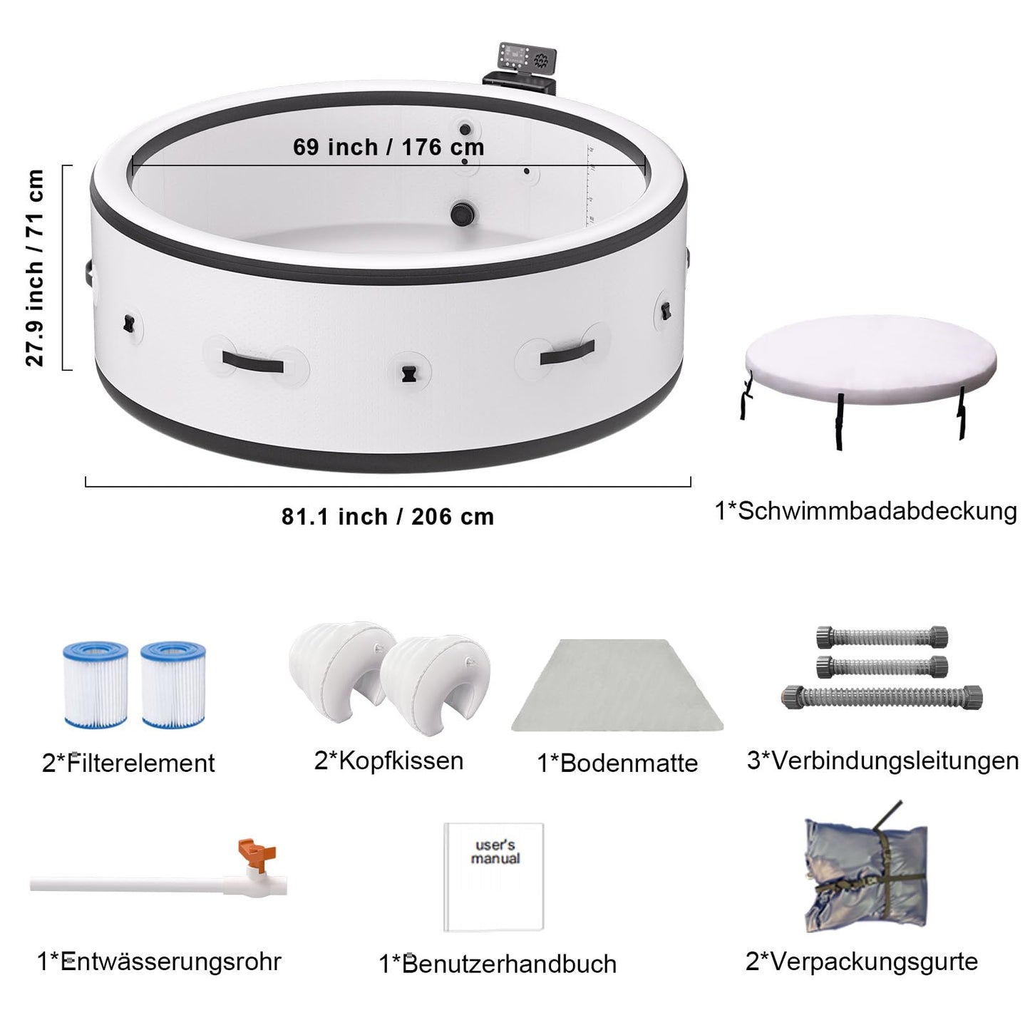 PureSpa Inflatable Bathtub with Bubble Function, Pool Massage Hot Tub, 150 Soothing Air Nozzles, Integrated Quick Filling System, LED Lights, Insulated Cover and Floor Mat, 206 x 71 cm