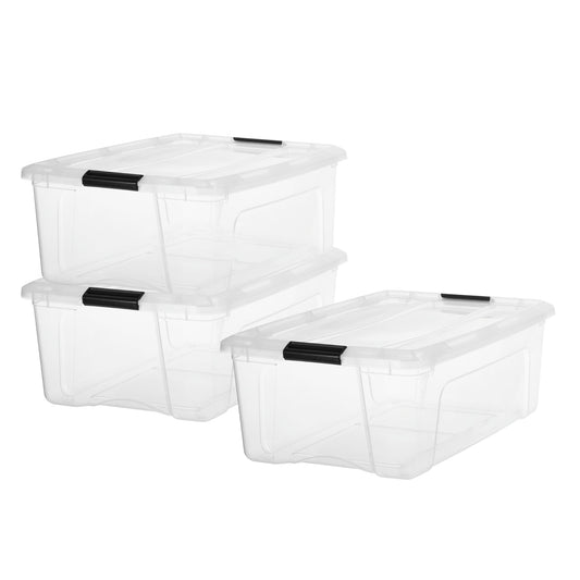 Iris Ohyama Storage Boxes with Lids, 55L, Set of 4, Transparent, Secure Closure, Stackable, Handles, Bedroom, Closet, Office, Organisation, BPA-Free Plastic, Organiser Boxes, BSB-55