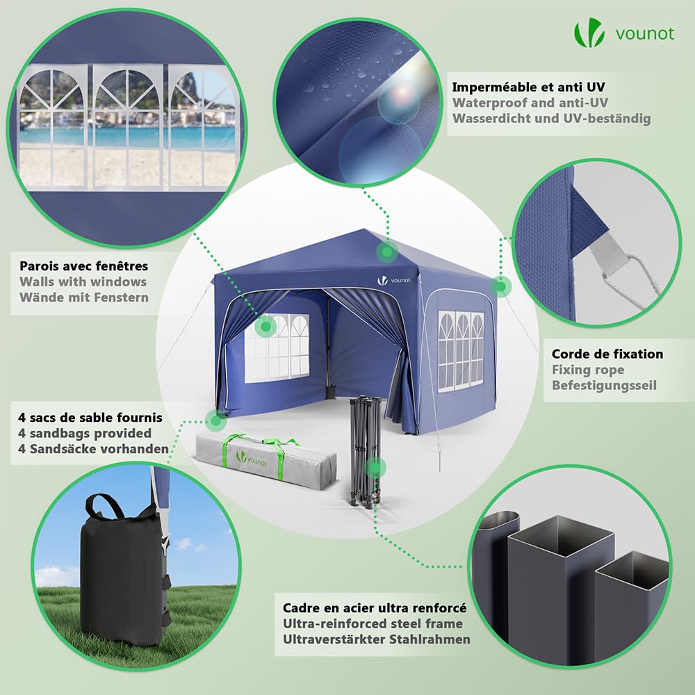 VOUNOT® Gazebo 3 x 3 m with 4 Side Panels and 4 Sand Bags, Pop Up Folding Gazebo, Waterproof, Foldable Garden Tent, Party Tent, Includes Bag, Grey