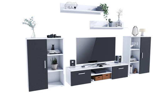 MATKAM Herkules II Wall Unit, Modern Living Room Cabinet with TV Table, Sideboard and Wall Shelf, Living Room Complete Furniture (White/Black)